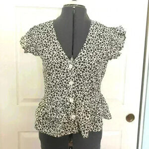 Passport white black flower light cotton fabric ruffle sleeves button blouse S